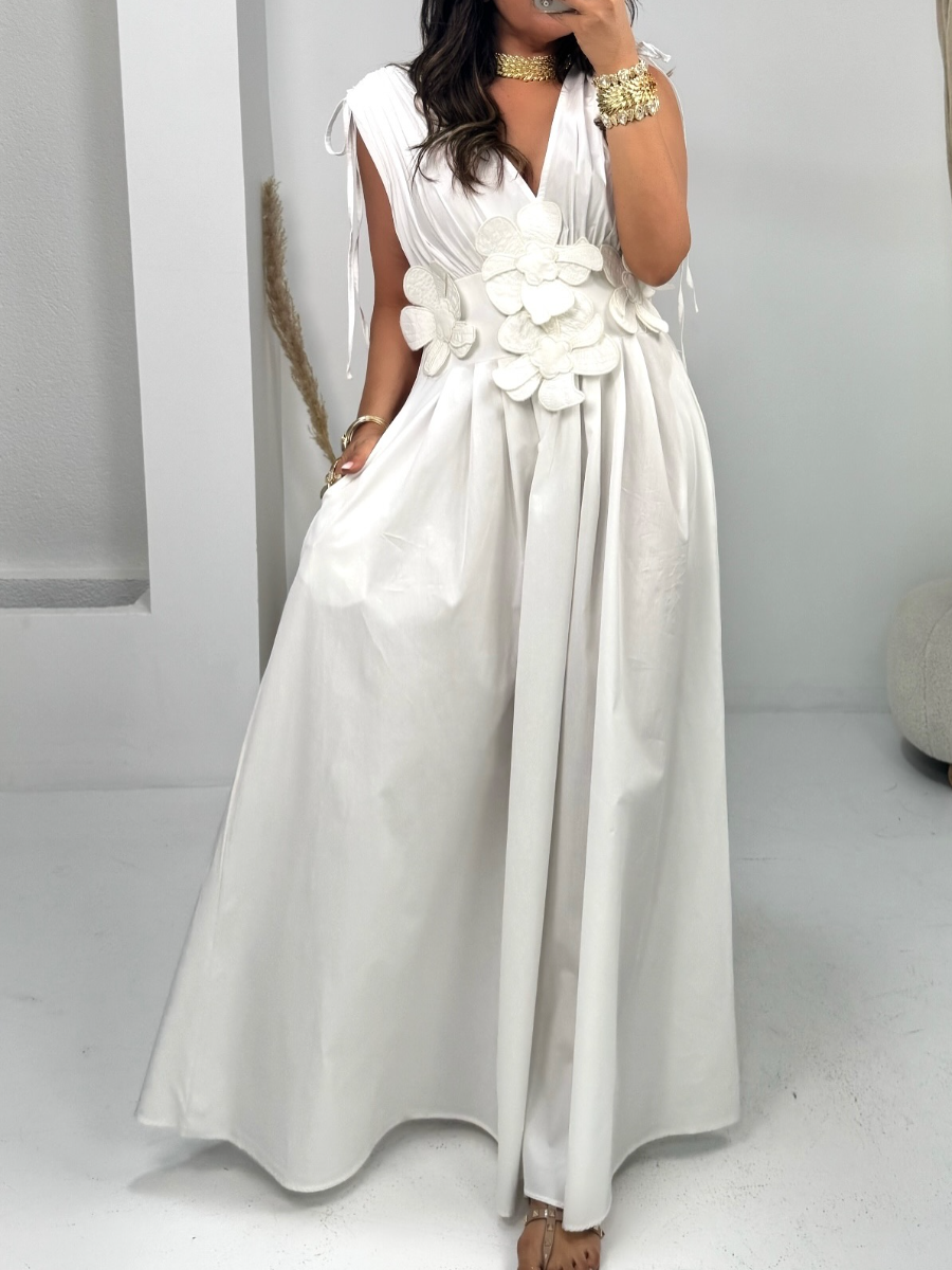 Floral Shoulder Drawstring Retractable V-neck Dress