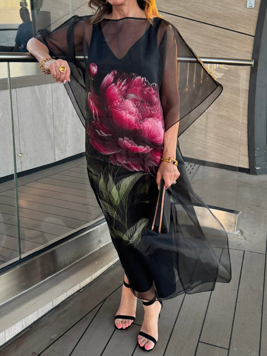 Floral Print See-through Maxi Dress