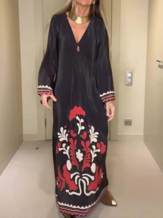 Loose Satin V Neck Printed Maxi Dress