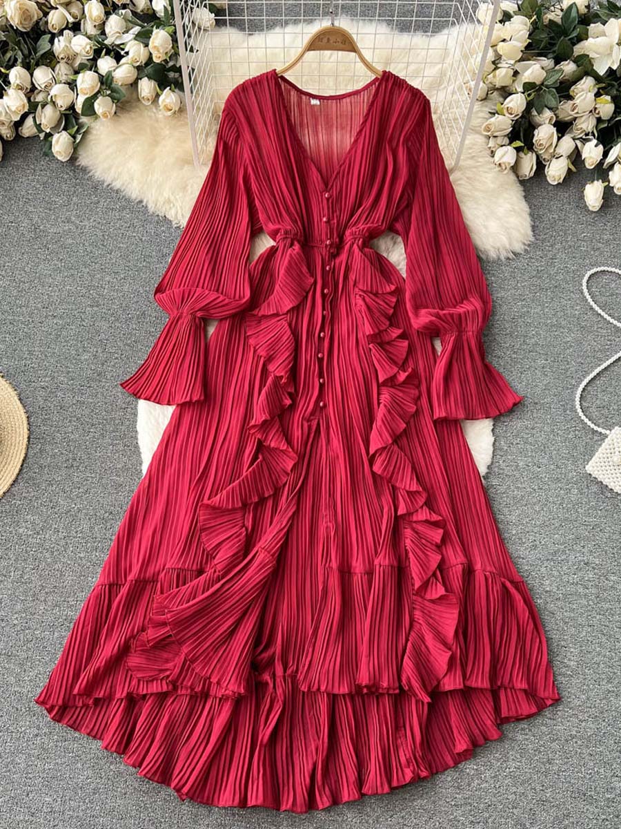 Chiffon Ruffled V-Neck Dress