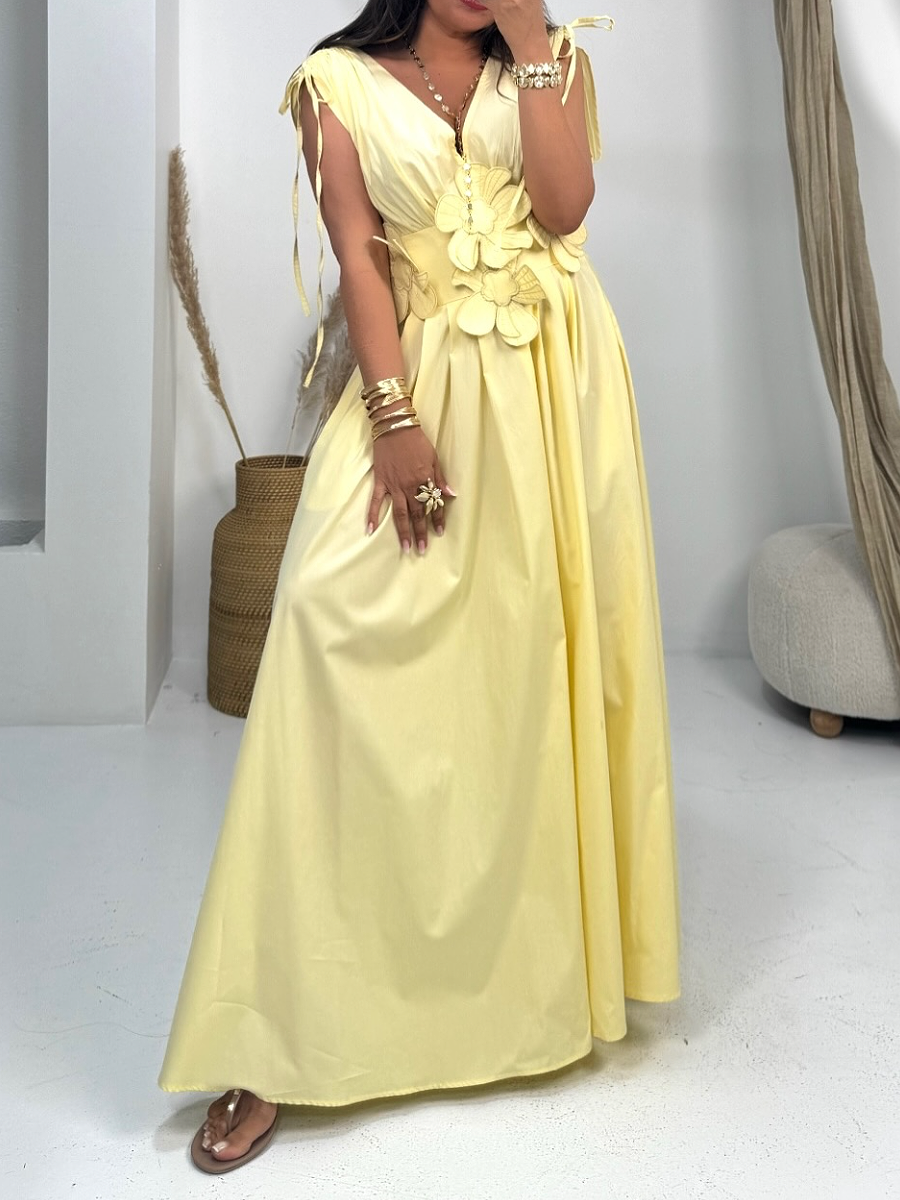 Floral Shoulder Drawstring Retractable V-neck Dress