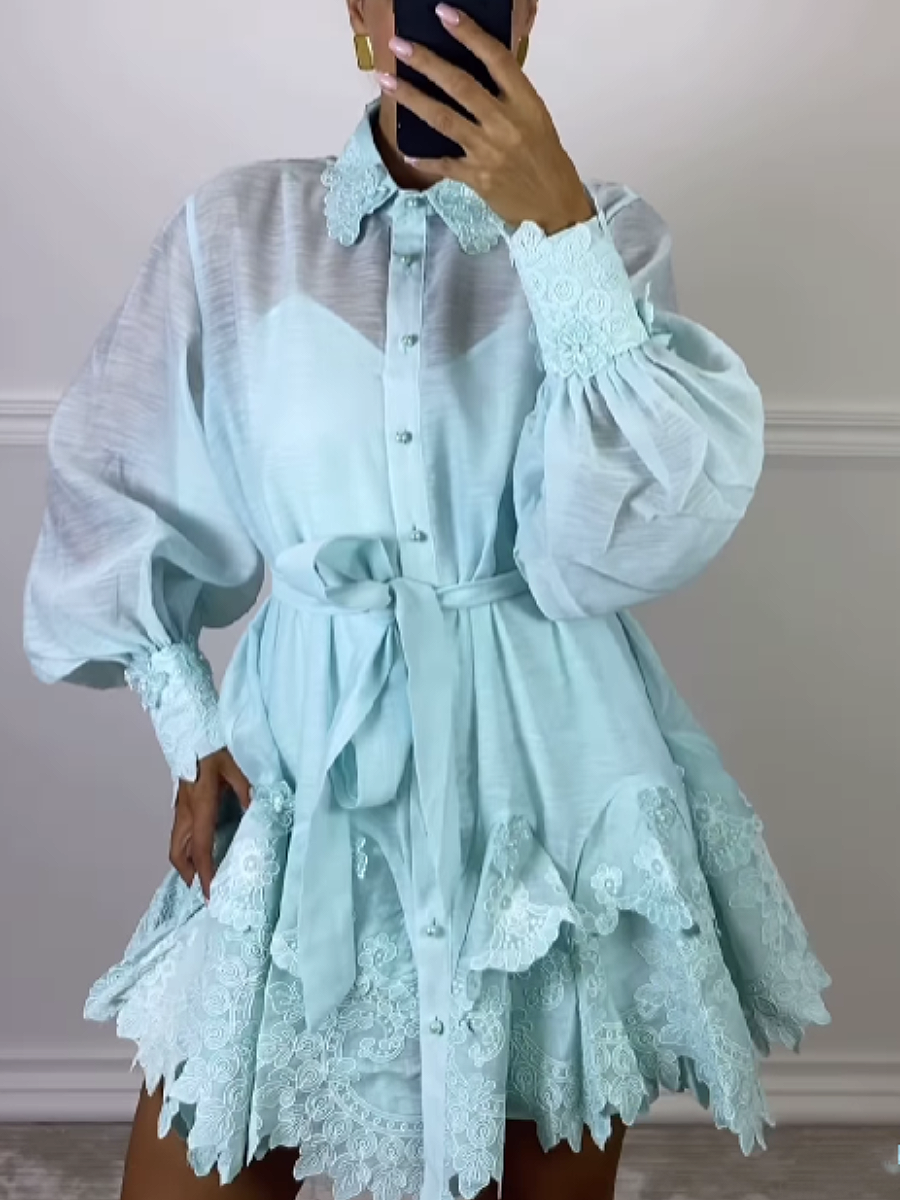 Embroidered Lantern Sleeve Loose Lace-Up Dress