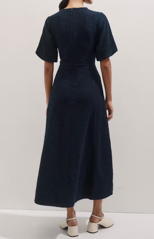 Adjustable Neckline Demure Navy Dress