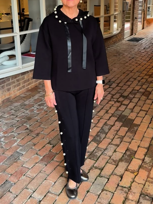 Hooded Pearl-Embellished Pants Suit