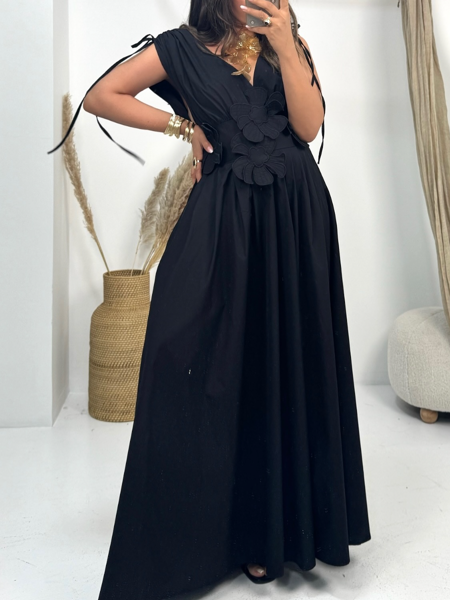 Floral Shoulder Drawstring Retractable V-neck Dress
