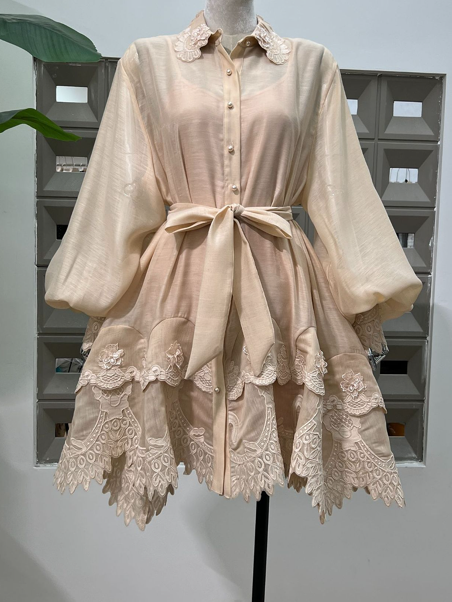Embroidered Lantern Sleeve Loose Lace-Up Dress