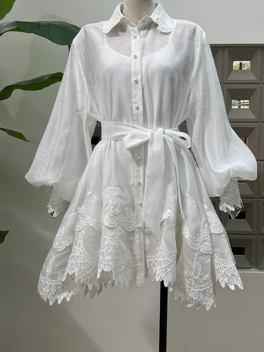Embroidered Lantern Sleeve Loose Lace-Up Dress