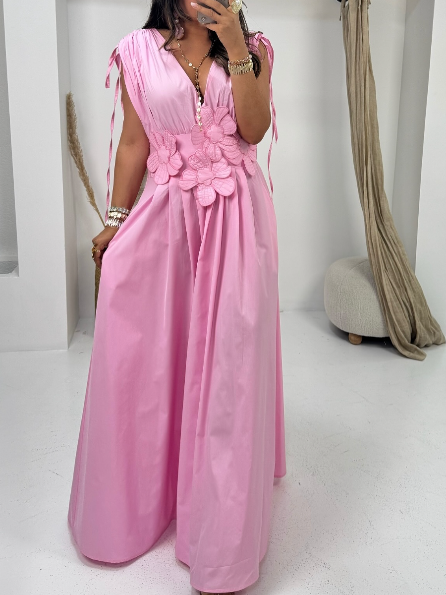 Floral Shoulder Drawstring Retractable V-neck Dress