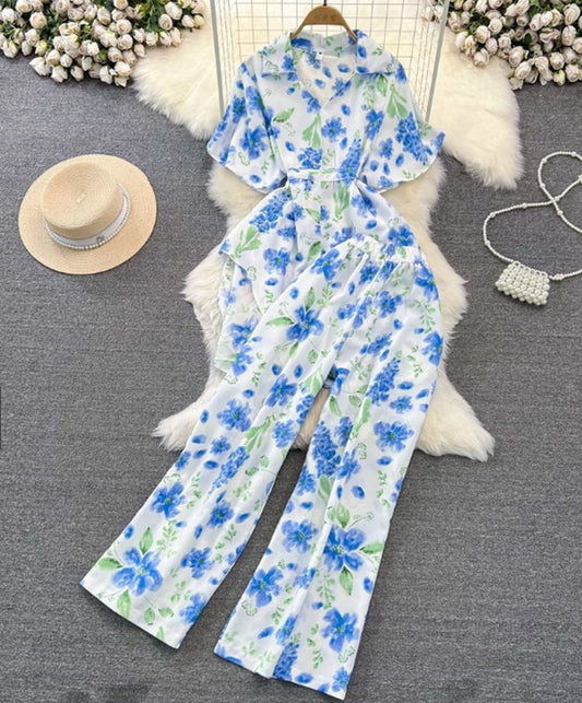 Short-Sleeve Loose Tight-Waist Printed Two-Piece Strap Set