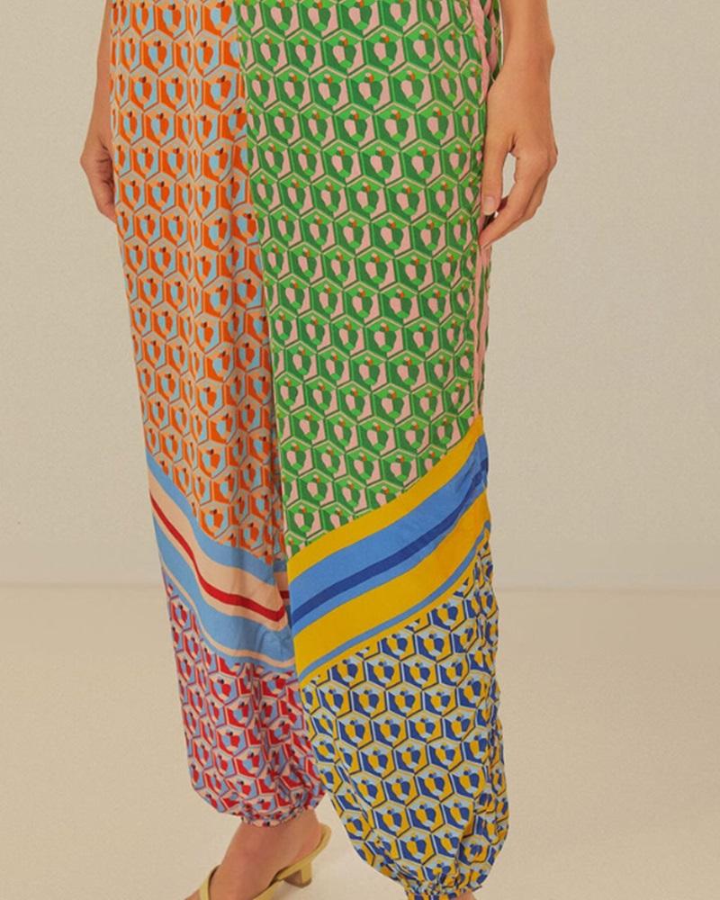 Mixed Color Block Casual Two-Piece Set