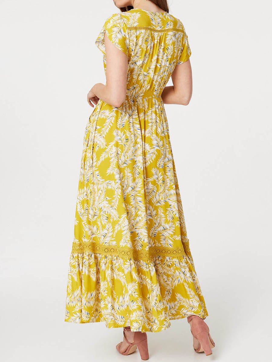 Leaf Print Lace Detail Maxi Dress