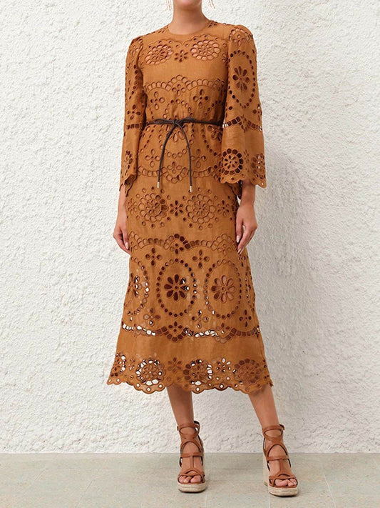 Long Wide Sleeve Embroidered Midi Dress