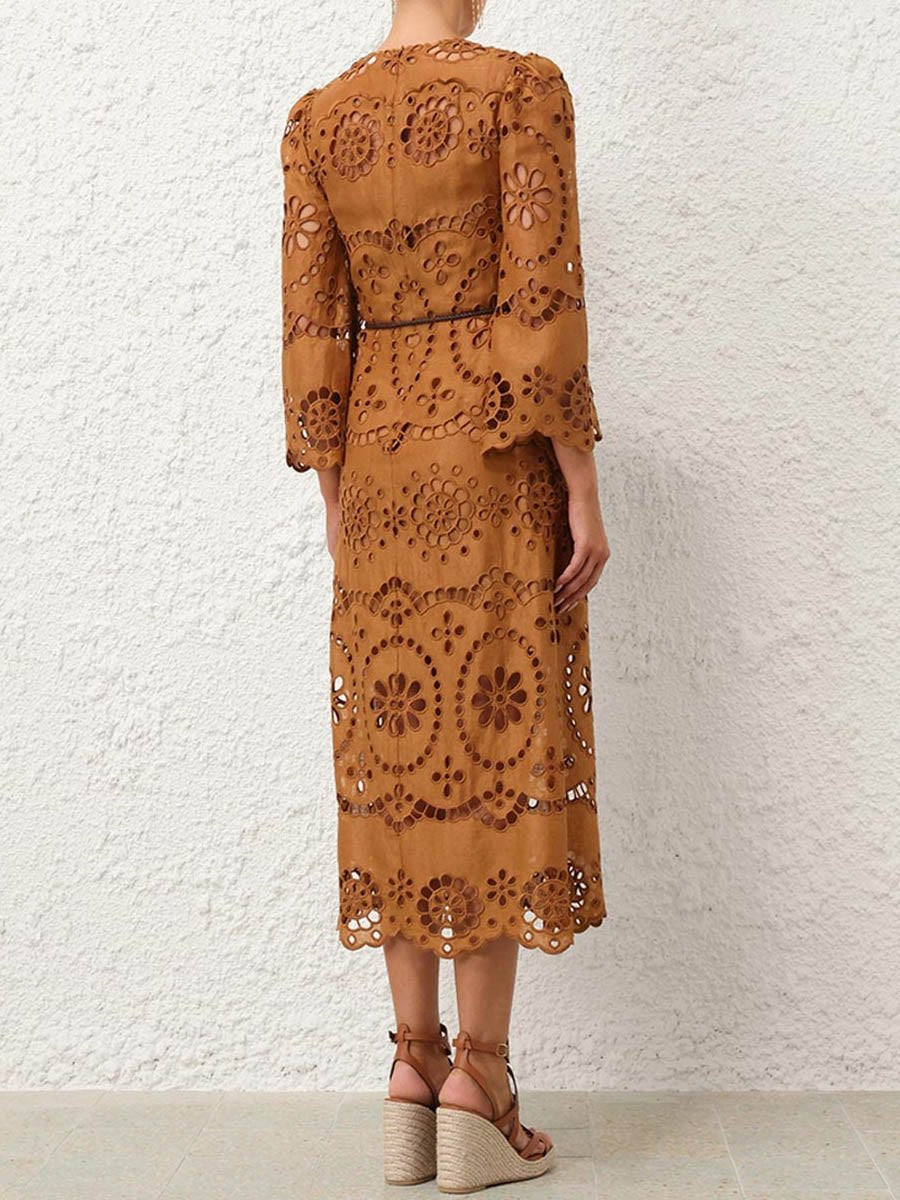 Long Wide Sleeve Embroidered Midi Dress