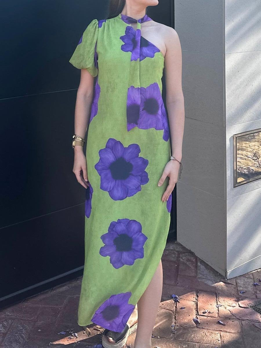 One Sleeve Printed Slit Hem Dress