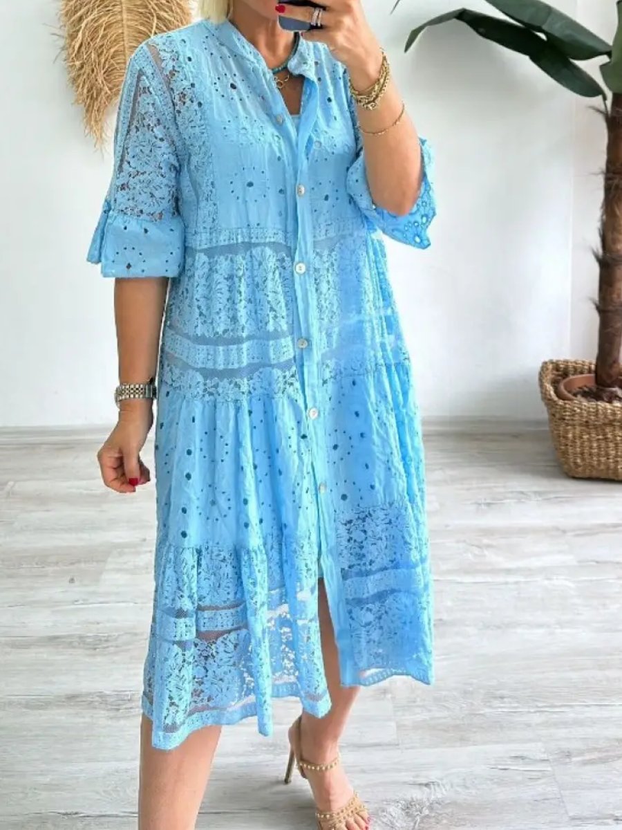 Lace Button Up Solid Loose Dress