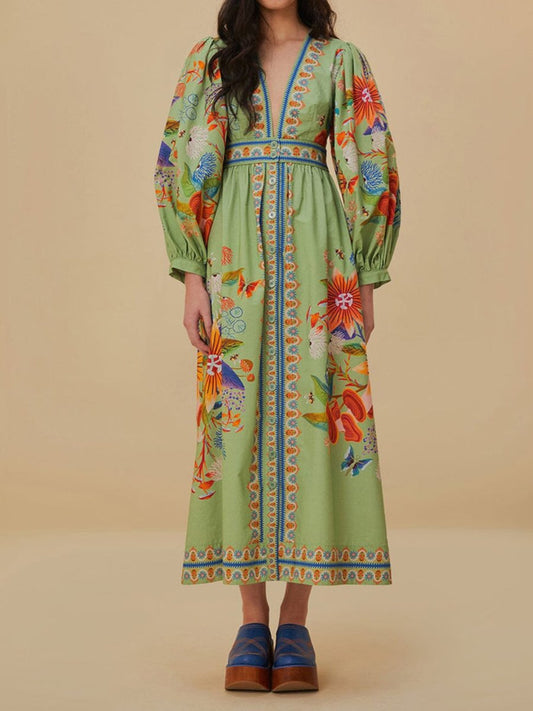 Green Tropical Print Dress