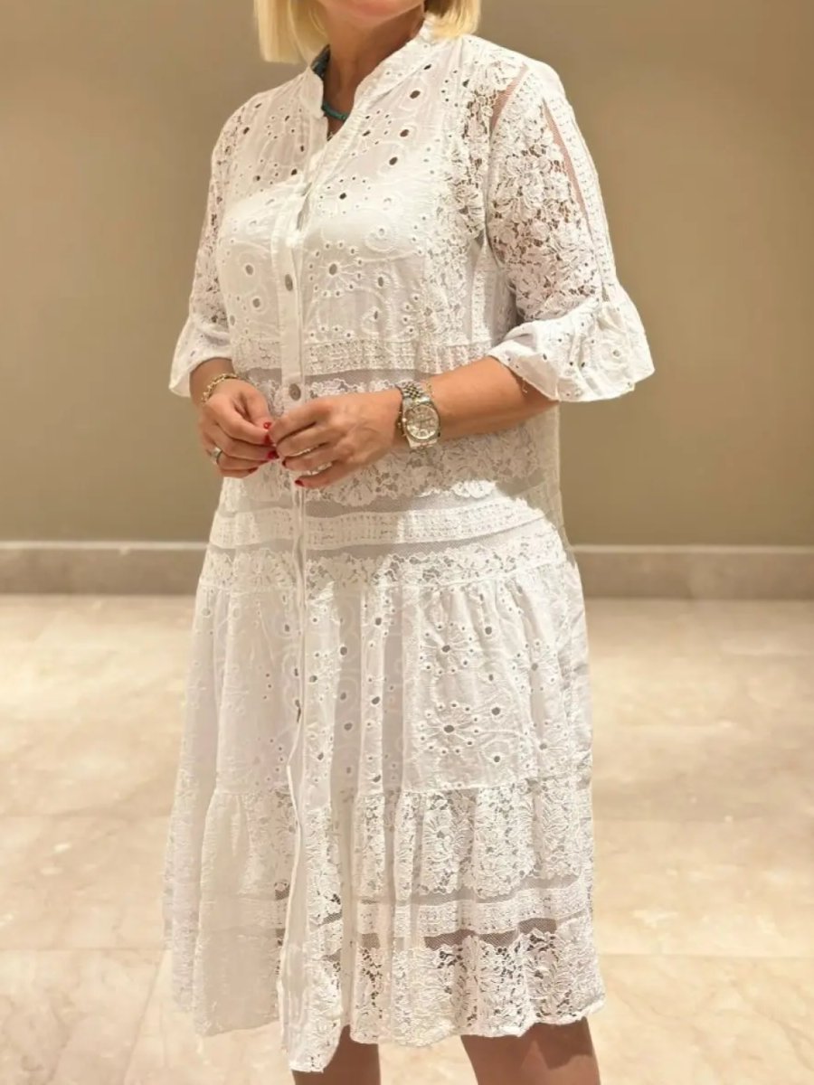 Lace Button Up Solid Loose Dress